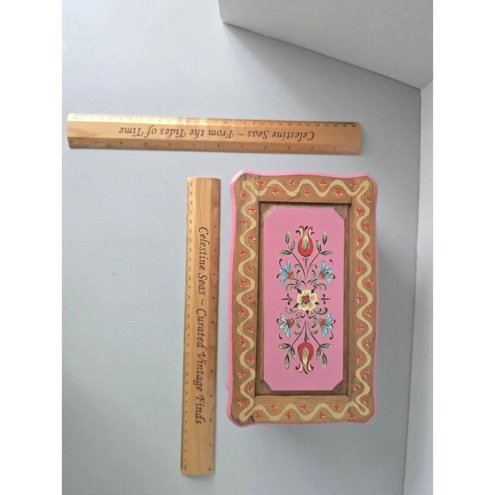 Vintage Hand Painted Wooden Music Jewelry Box Folk Art Floral - Made in Japan